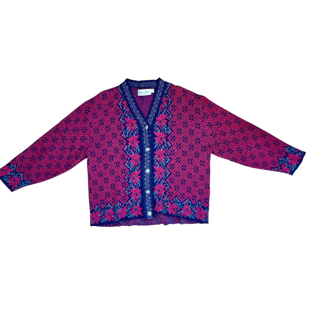 Women's Fair Isle Knit Cardigan Red Floral Sweater‎ M Silver Buttons